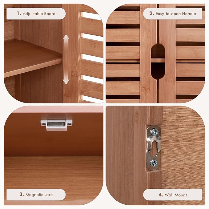 HYNAWIN Bamboo Wall Cabinet, Over Toilet Bathroom Furniture, Wall Mounted Storage Medicine Cabinet with Two Doors & Adjustable Shelves, for Bathroom, Kitchen, Living Room, Walnut, Dark Brown