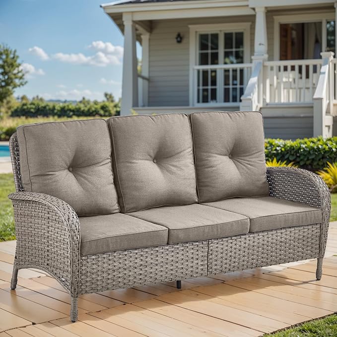 HUMMUH Outdoor Patio Couch-Outdoor Rattan Couch with Thick Cushions Outdoor Sofa for Deck Lawn Porch Balcony Poolside-Grey/Grey