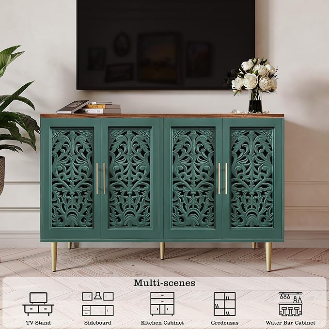 ARTPOWER 47.8" Accent Cabinet with 4 Doors, Vintage Hollow Carving Buffet Cabinet, Sideboards and Buffets with Storage, Credenza for Living Room, Kitchen, Dining Room, Entryway, Hallway, Green