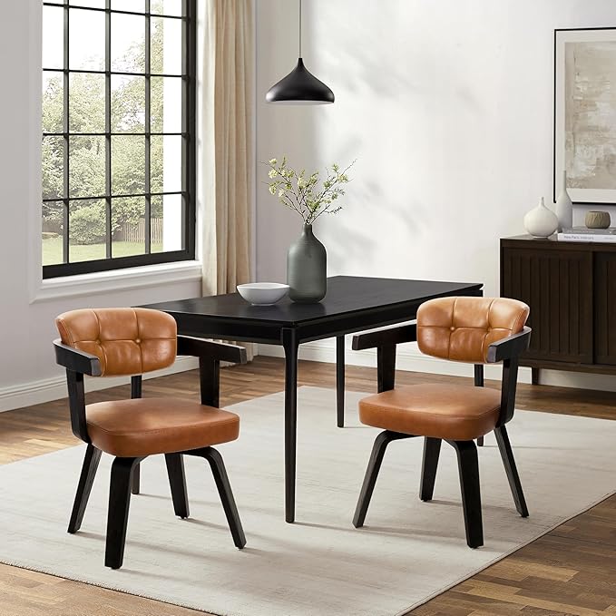 Art Leon Modern Dining Chairs - Set of 2 Mid Century Dining Chairs Faux Leather Upholstered Swivel Dining Chair, Comfy Desk Chair No Wheels Accent Arm Chairs for Kitchen Living Room Study, Brown
