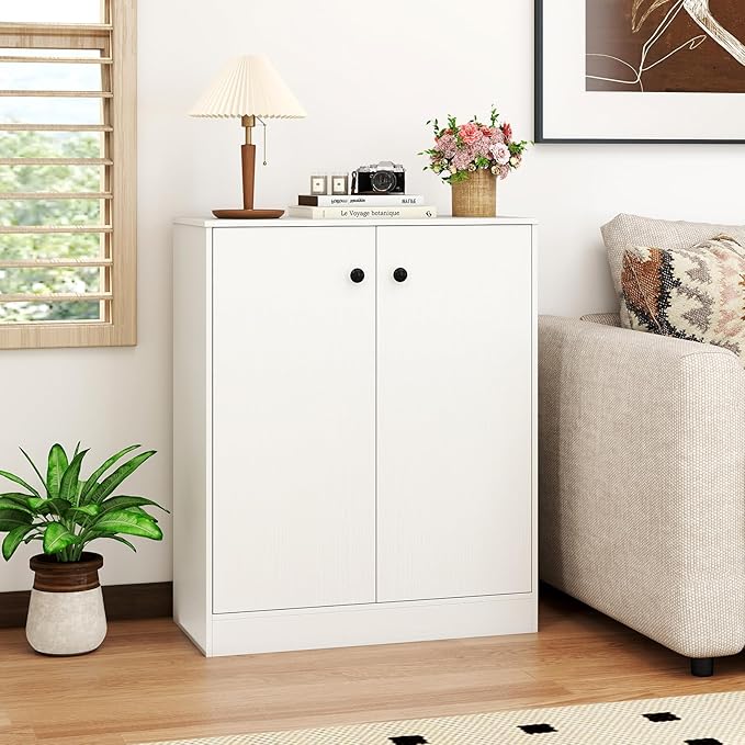 GOFLAME Floor Storage Cabinet with 2 Doors, Freestanding Accent Storage Cabinet Organizer with 3-Tier Inner Shelves, Modern Sideboard Buffet Cabinet for Kitchen, Living Room, Entryway, White