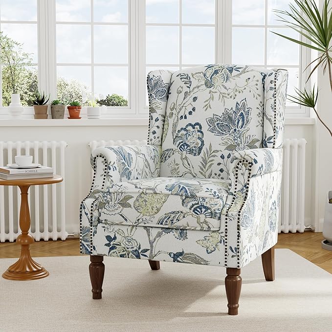 Accent Chair, Upholstered High Back Floral Armchair with Nailhead Trim & Wood Legs, Comfy Wingback Reading Single Sofa Chair for Small Spaces, Living Room, Bedroom ( Plants Blue Floral, Set of 2)