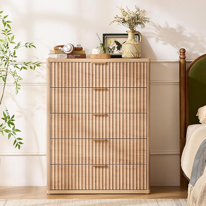 LEYAOYAO Fluted 5 Drawers Dresser for Bedroom, 41" Tall Modern Chest of Drawers with Metal Handle, Curved Profile Farmhouse Closet Organizer Wood Dressers TV Stand for Living Room, Hallway