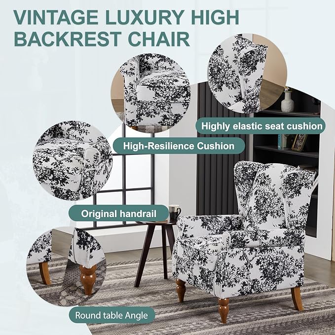 ZMAD Accent Chair, Upholstered High Back Floral Armchair Wood Legs, Comfy Wingback Reading Single Sofa Chair,Plus a Solid Wood Coffee Table for Small Spaces, Living Room, Bedroom (Antique White+Gray)