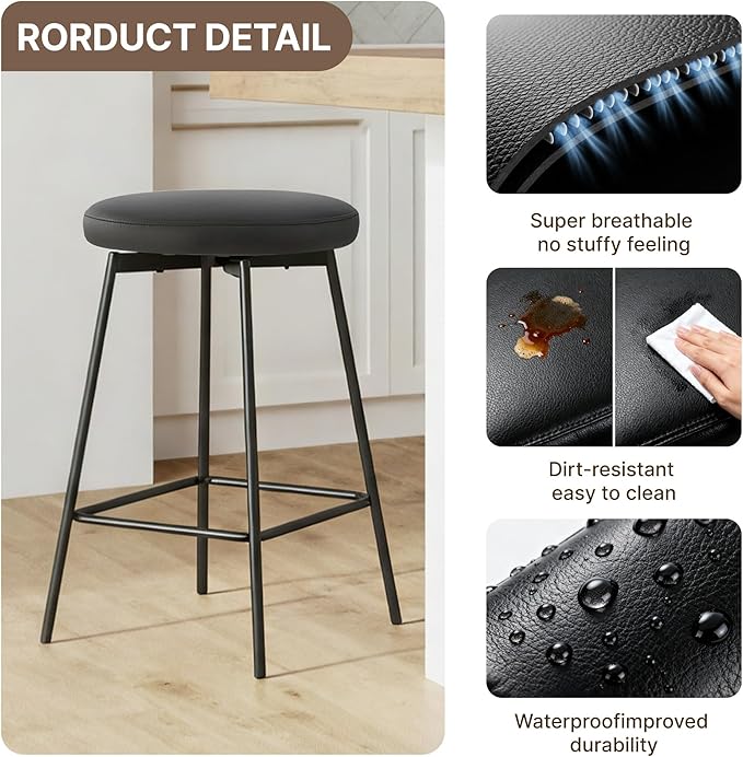 Swivel Bar Stools Set of 3, 24" Counter Height Bar Stool, Backless Barstools with Faux Leather Upholstered Seat&Sturdy Wood Legs for Kitchen Island, Black