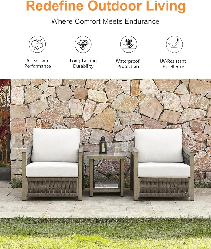 Patio Chair, Outdoor Aluminum Chair with Thick Washable Cushions, Rope Weave Outdoor Armchair Furniture Patio Sofa Armchair, Deep Seating Outside Furniture for Garden, Porch, Balcony, Gray Oak