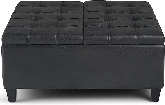 SIMPLIHOME Harrison Coffee Table Storage Ottoman - 36 inch Wide Upholstered Vegan Leather Square Lift-Top Ottoman in Distressed Black, Transitional Ottoman for Living Room with Hidden Storage