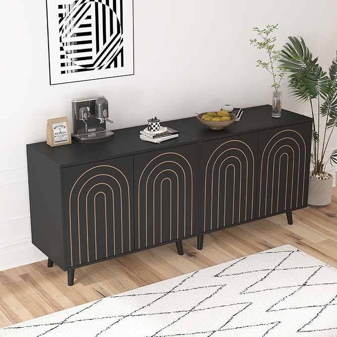 Accent Cabinet with Carving Lines, Modern Buffet Sideboard with Adjustable Shelves, Decorative Storage Cabinets for Bedroom Living Room Kitchen Office and Hallway (Black, 1)