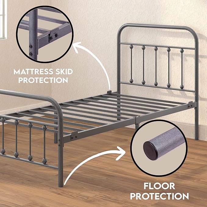 Golden Gate Beds Vintage Wrought Iron Bed Frame with Classic Metal Platform Base, Headboard and Footboard, No Box Spring Needed, Easy Assembly, Mattress Foundation, Sleek Silver Finish - Twin Size