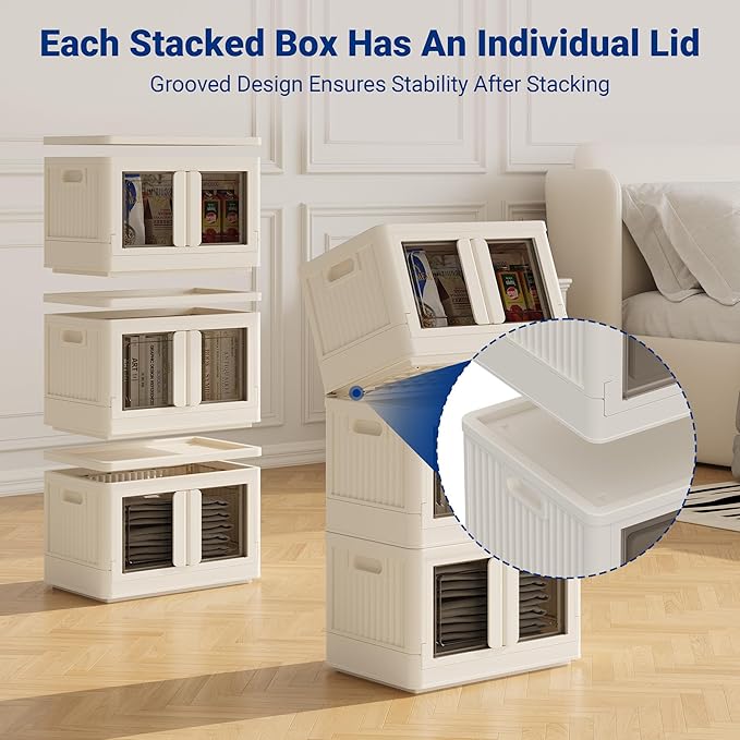 FLEXIMOUNTS 110 QT Stackable Storage Bins With Lids, Collapsible Plastic Storage Bins With Doors and Built-in Wheels For Home Dorm Closet Organizers and Storage, 3 Pack Cubes, Milky White