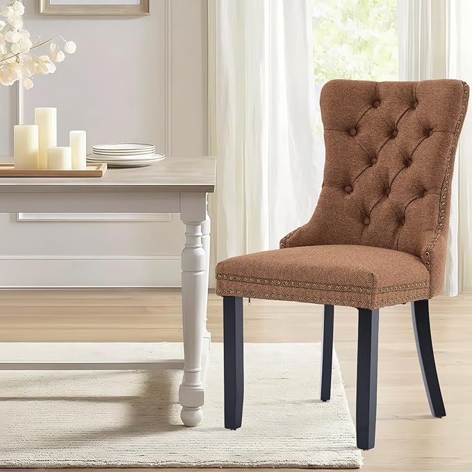 Linen Upholstered Dining Chairs Set of 6, Modern Style Kitchen Side Chairs with Nailhead Trim and Wood Leg, Metal Pulling Ring for Dining Room Living Room(Coffee,Set of 6)