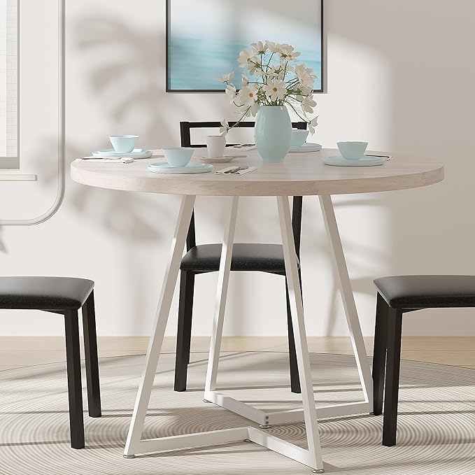 VECELO 35” Round Dining Table Set with 4 Cushioned Padded Chairs for Kitchen, Breakfast Nook, or Living Room, Wood-Grain Tabletop & Heavy-Duty Steel Frame, Easy Assembly, Natural Wood