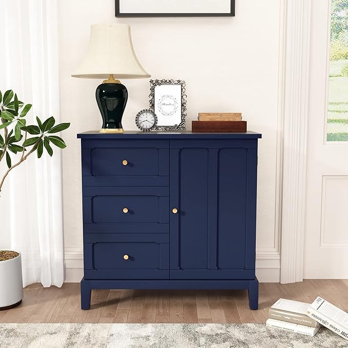 HLR Accent Cabinet with 3 Drawers and Door, Wooden Storage Cabinet with Shelves, Sideboard for Living Room, Entryway, Navy Blue