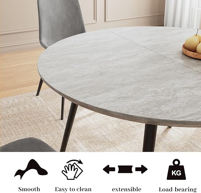 43.3"-59.1" Extendable Round Dining Table Set, Kitchen Table for 6 Person with Scratch-Resistant Thickened MDF Board, Gray Coffee Table w/Metal Legs