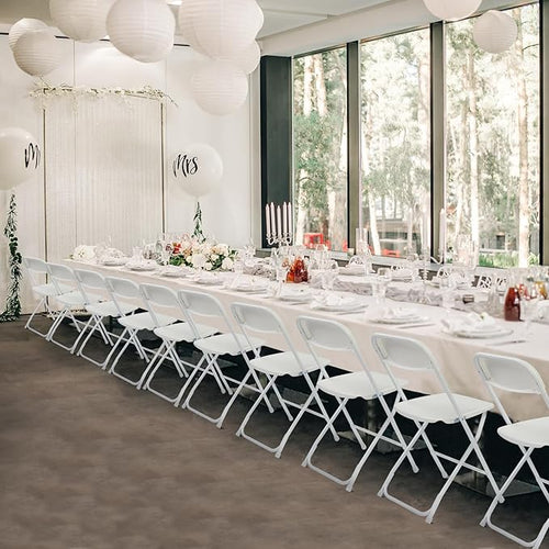 100 Pack White Plastic Folding Chairs, Portable Party Chairs, Stackable Commercial Seats with Steel Frame for Home Office Wedding Party Indoor Outdoor Events Chairs, 350lbs Capacity
