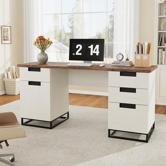 IDEALHOUSE Farmhouse Executive Desk, 59" Computer Desk, White Home Office Desks with File Drawer and Storage Cabinet, Wood Writing Desks for Home Office, Bedroom, White+Vintage