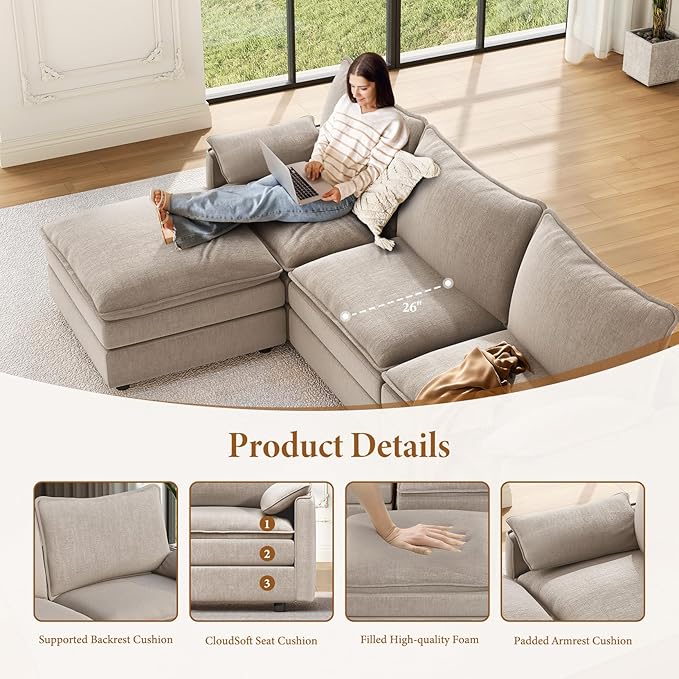 Vesgantti 108" Sectional Sleeper Sofa, 6-Seater Oversized Modular Cloud Couch with Movable Ottoman, Chenille Large Sofa Bed Convertible Deep Seat Couches for Living Room, Bedroom and Apartment, Brown