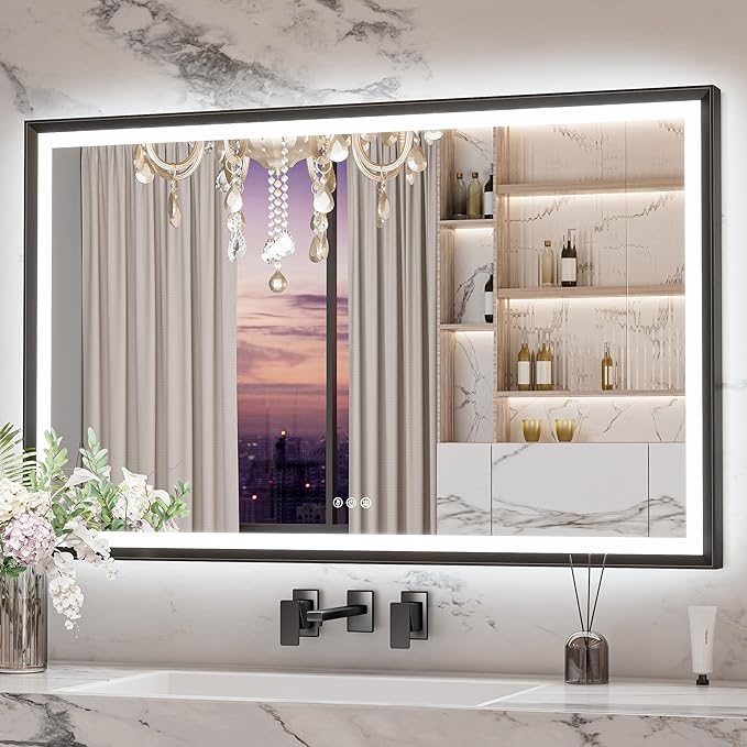 Keonjinn 48” x 30” LED Bathroom Mirror with Frontlit & Backlit, Large Metal Framed Lighted Mirror with Stepless Dimmable 3-Color Temperatures, Anti Fog, UL-Listed Driver, No Dark Corner