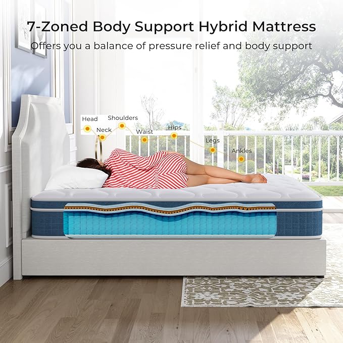 koorlian Queen Mattress 10 Inch, Hybrid Queen Bed Mattress with Individual Pocket Springs and Pressure-Relieving Memory Foam, Breathable, Medium Firm Mattress in a Box Queen Size 80"x60"x10"