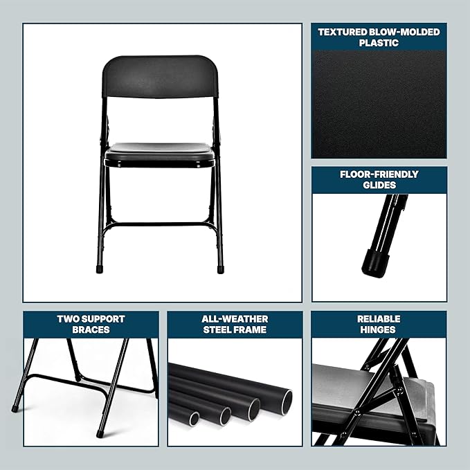 OEF Furnishings OEF800 Series Premium Heavy-Duty Plastic Folding Chairs, Lightweight, Durable Seating for Indoor and Outdoor Use, 500 lb Capacity (4-Pack, Black Plastic with Black Frame)