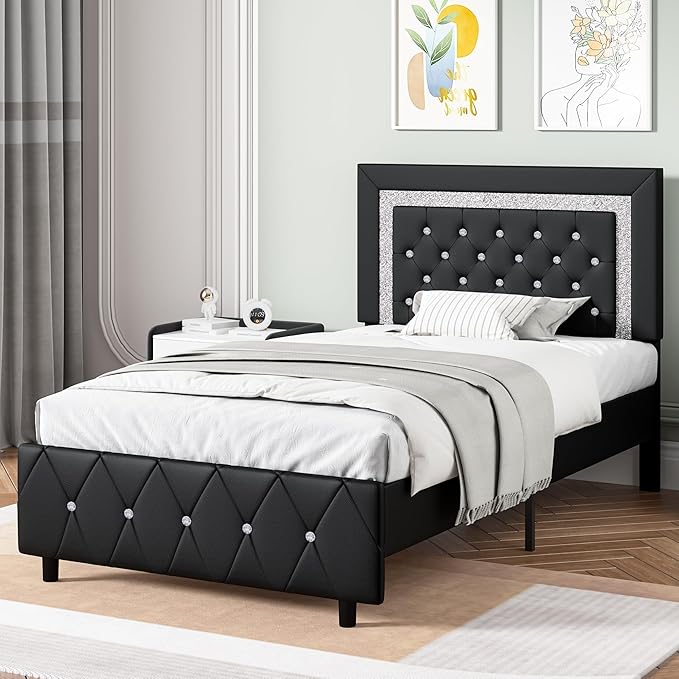 BarnFurin Twin Bed Frame with Headboard, Upholstered Bed with Diamond Tufted Design, Kids Bed Frame with Wooden Slats Support, No Box Spring Required, Easy Assembly, Black