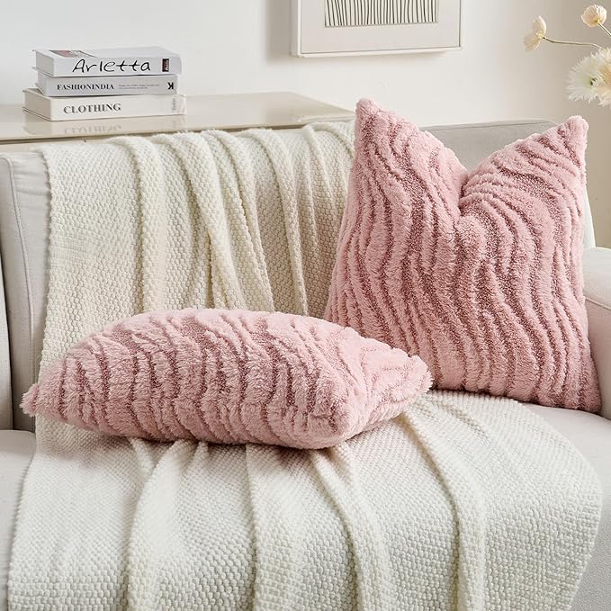 FUTEI Pink Decorative Throw Pillow Covers 22x22 Inch Set of 2,Soft Faux Fur Geometric Shapes Texture Cushion Case,Boho Home Decor for Couch Bed Living Room