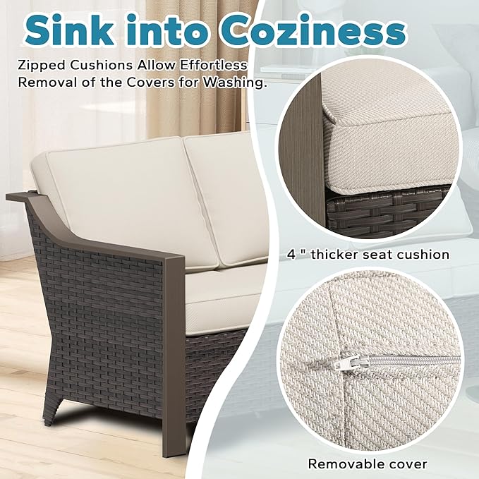 75" Patio Metal Wicker Sofa, 3-seat Deep Seat & Upholstered Couch, Outdoor All-Weather Rattan Loveseat with Washable Cushions, Steel Frame, Garden (Beige and Brown Stripe)