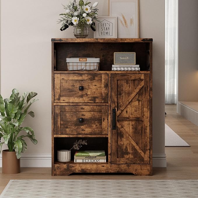 Fameill Farmhouse Storage Cabinet with 2 Drawers & Shelves,Freestanding Kitchen Cabinet with Doors,Floor Storage Organization for Living Room,Bathroom,Laundry,Brown