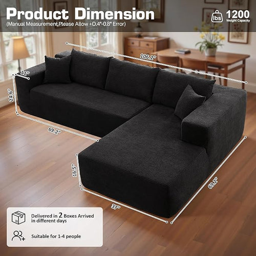 106" Cloud Sectional Couch with Chaise Lounge,L Shaped Modular Modern Sofa,Comfy Corduroy Fluffy Sofa with Deep Seat,No Assembly Required Couch for Living Room(Right,Stripe Corduroy,Black)