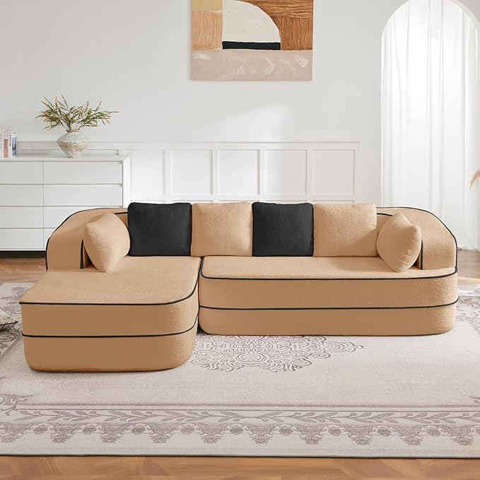 Cloud Sectional Sofa Modern Boneless Couch for Living Room, Comfy Deep Seat Comfy Teddy Fabric Double Sofa Chaise No Assembly Required (Camel, 106" L Shape with Left Facing)
