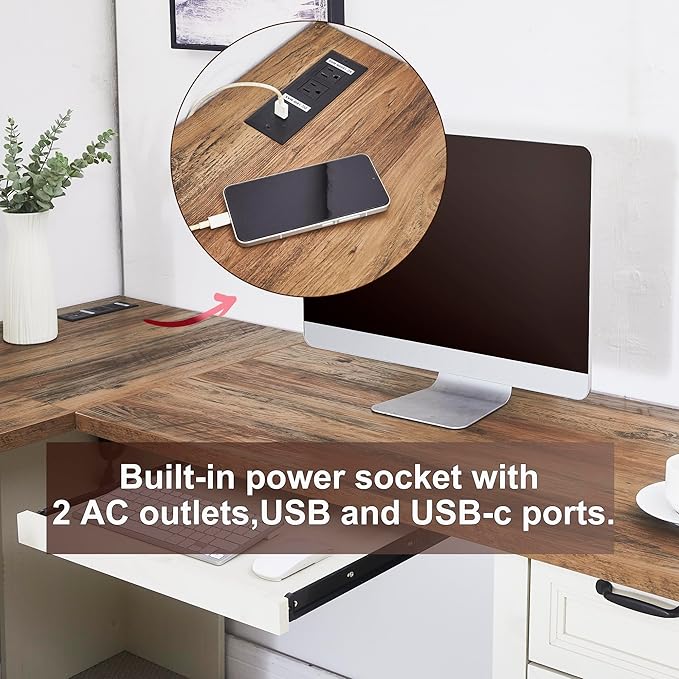 L-Shaped Executive Desk with Keyboard Tray, 69” Farmhouse Corner Desk with Lockable Drawers, Adjustable File Cabinet & Built-in Charging Station, Rustic Home Office Desk (69")