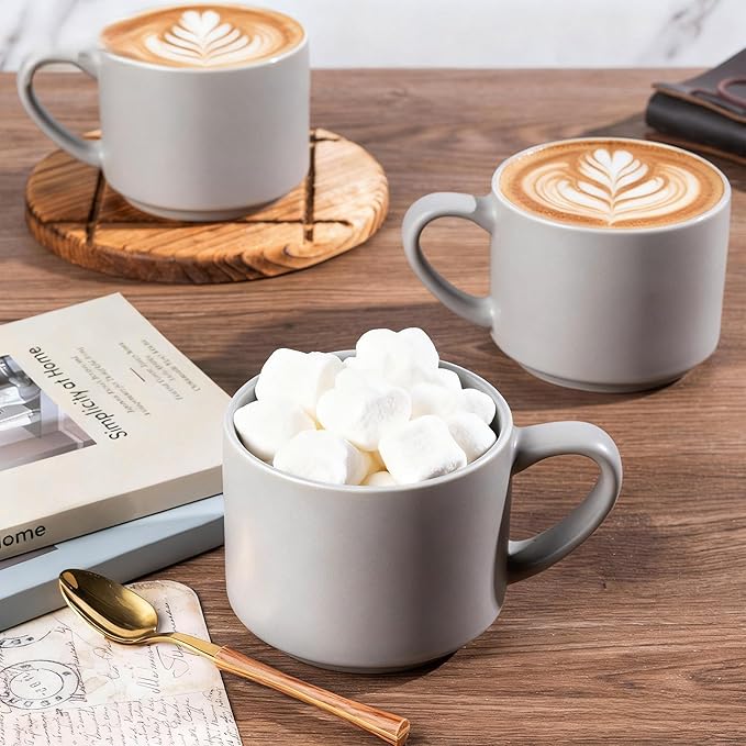GBHOME 14 OZ Coffee Mugs Set of 6, Stackable Ceramic Mugs for Men, Women, Modern Coffee Mugs With Stable Base for Latte, Tea, Cappuccino. Dishwasher & Microwave Safe, Matte Gray