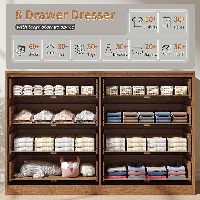 Fluted Dresser for Bedroom with 8 Drawer, 55” Wide Wooden Dresser Mid Century Chest of Drawers w/Gold Handle, Fluted Dressers TV Stand Closet Storage Organizer for Living Room, Natural Oak