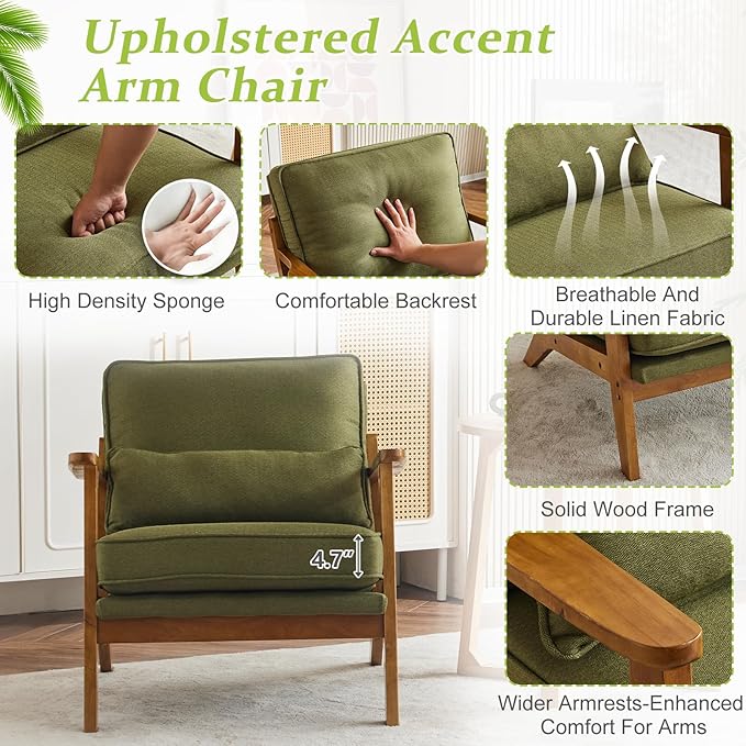 VINGLI Solid Wood Wide Armrests Accent Chair Set of 2,Upholstered Mid Century Modern Chair with Pillow,Farmhouse Arm Chair Comfy Reading Chair,Chairs Living Room,Bedroom,Guest Room,Linen Fabric,Green