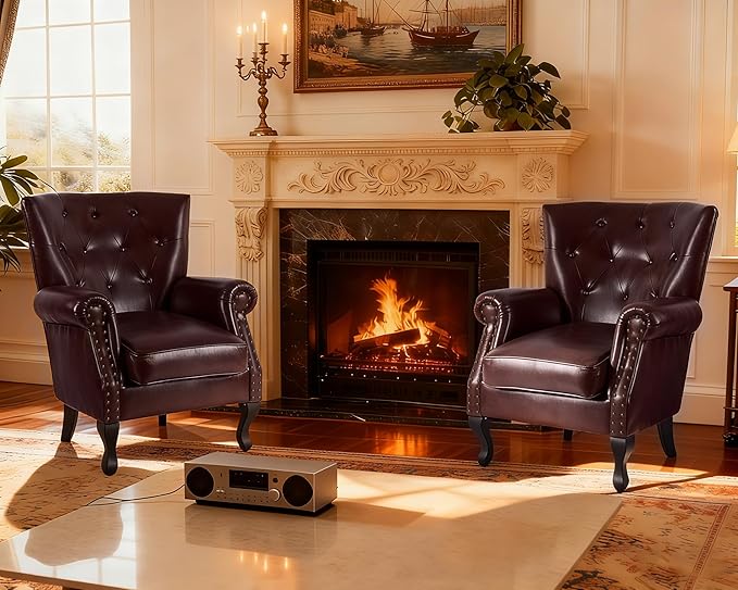 Modern Accent Chair Set of 2, Mid-Century PU Leather Armchair with Solid Wood Legs, Single Sofa Chair for Living Room, Bedroom, Leisure Room, or Reading Room(Reddish Brown)