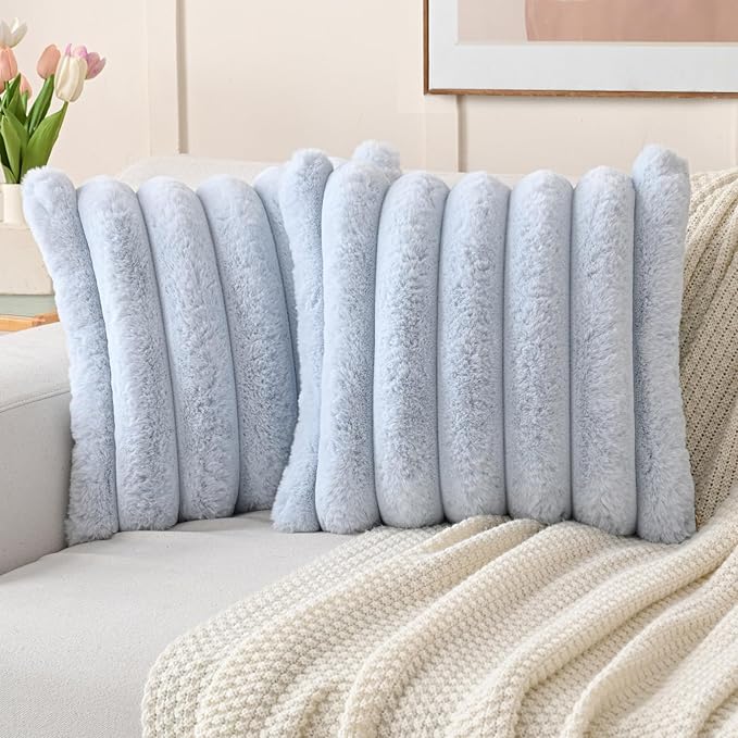 FUTEI Light Blue Decorative Throw Pillow Covers 22x22 Inch Set of 2, Square Soft Faux Rabbit Fur Thick Striped Cushion Cover,Winter Home Decor for Couch Bed Living Room