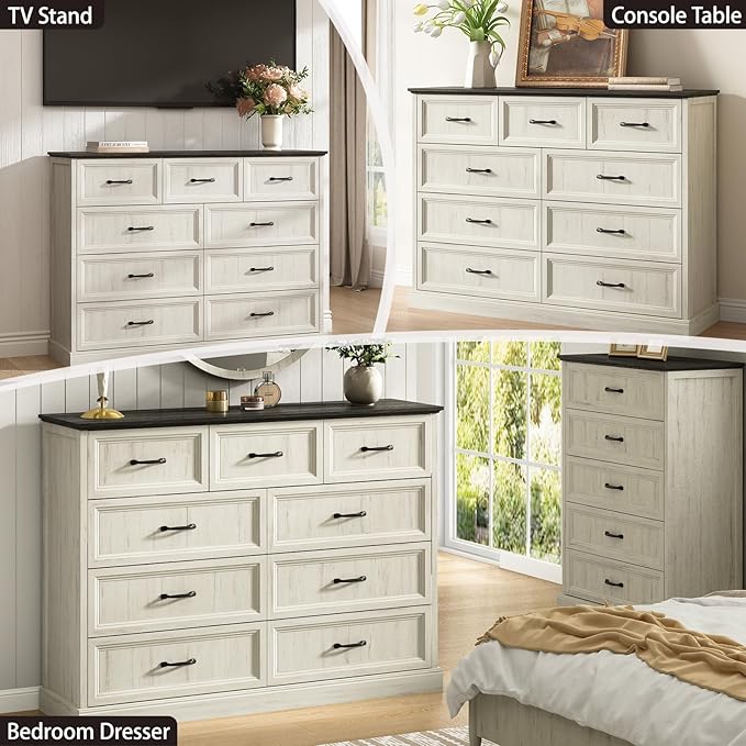 CARPETNAL Farmhouse 9 Drawer Dresser for Bedroom, 55 Inch Wide Modern White Dresser TV Stand with Large Drawers & Bar Handles, Rustic Wood Chest of Drawers for Bedroom, Living Room, Hallway, Entryway.