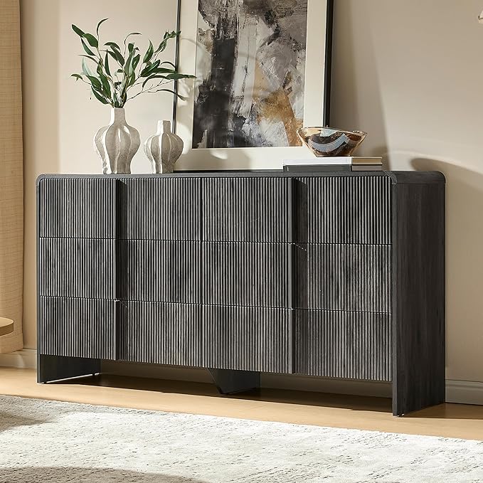 AMERLIFE 63" Fluted 6 Drawer Dresser, Long Modern Chest of Storage Drawers with Pine Handles, Rounded Corners & Anti-Tip Design, Wood Closet Organizer for Bedroom, Living Room, Nursery, Black