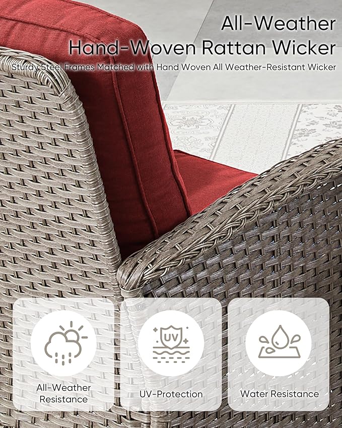 HUMMUH 7 Pieces Outdoor Furniture Set-All Weather Wicker Rattan Couch with Outdoor Rocking Chair Patio Furniture for Deck Lawn Porch Balcony Poolside-Grey/Red