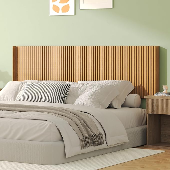COCO DESIGN King Size Headboard Only, 80" Wide Wooden Headboard, Mid Century Modern Farmhouse Boho HeadBoard, Wall Mount, Fluted Panel, Wingback Design, Natural