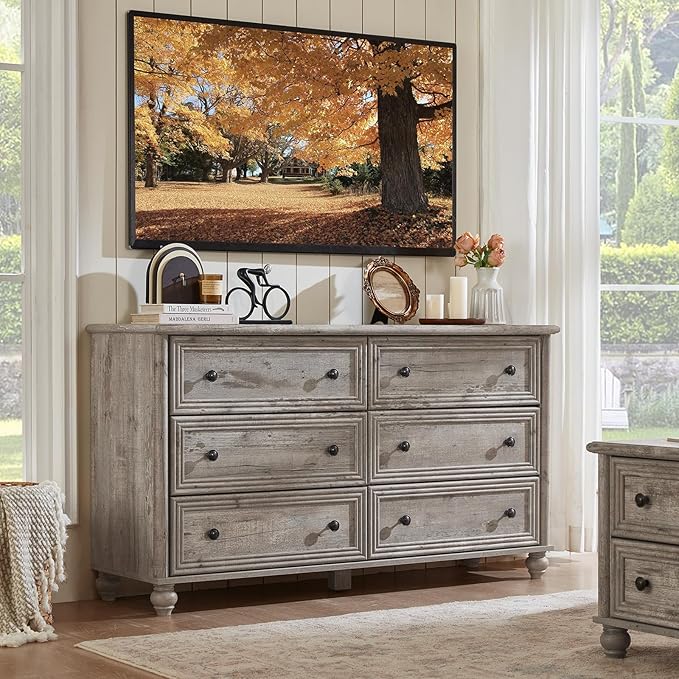 6 Drawers Dresser for Bedroom, Farmhouse 54" Wide Wood Dressers Chest of Drawers, Vintage Design TV Stand, Rustic Storage Dresser Organizer with Metal Handle Closet for Living Room, Hallway