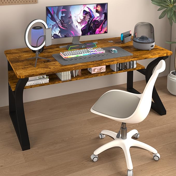StarGraph Computer Desk 47'' Large Home Office Desk with Sturdy Metal Frame U Shaped Modern Computer Desks with Storage Study Writing Office Work from Home Desks (Rustic Brown, 47 inch)