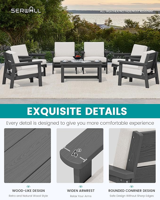 SERWALL HDPE Outdoor Furniture Set, 7 Piece All Weather Wood-Like Outdoor Sofa Sectional Couch, Grey Patio Furniture Set with Khaki Cushions