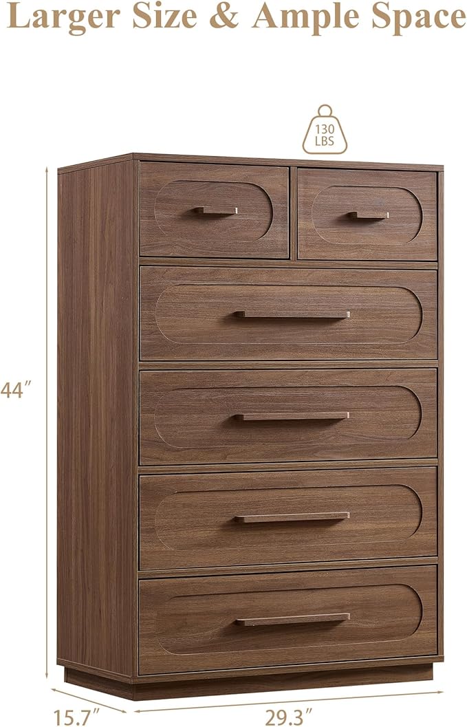 Walnut 6 Drawer Dresser for Bedroom, 44" Tall Dressers & Chest of Drawers w/Solid Wood Handle, Wood Mid Century Closet Organizers and Storage Cabinet for Bedroom, Living Room, Hallway, Walnut