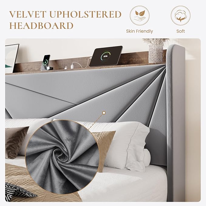 SHA CERLIN King Size Bed Frame with 3 Drawers, USB & Type-C Charging Ports, Velvet Upholstered Platform Bed with Modern Geometric Wingback Storage Headboard, No Box Spring Needed, Easy Assembly, Grey
