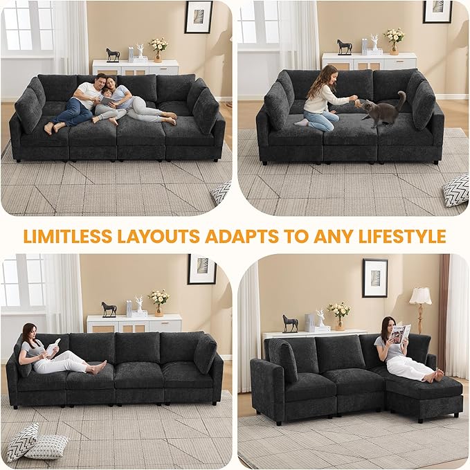 4-Seater Modular Sectional Cloud Sofa with Ottoman, Convertible L-Shaped Couch for Living Room, Modern Deep Seat Modular Sofa, Chenille Dark Grey