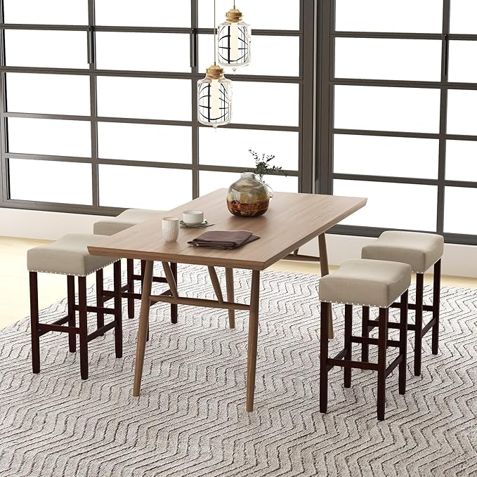 COSTWAY Counter Height Bar Stools Set of 4, 25-inch Backless Saddle Stools with Nailhead Trim, Rubber Wood Frame, Footrest, Max Load 330 Lbs, Upholstered Barstools for Kitchen Island Pub, Beige