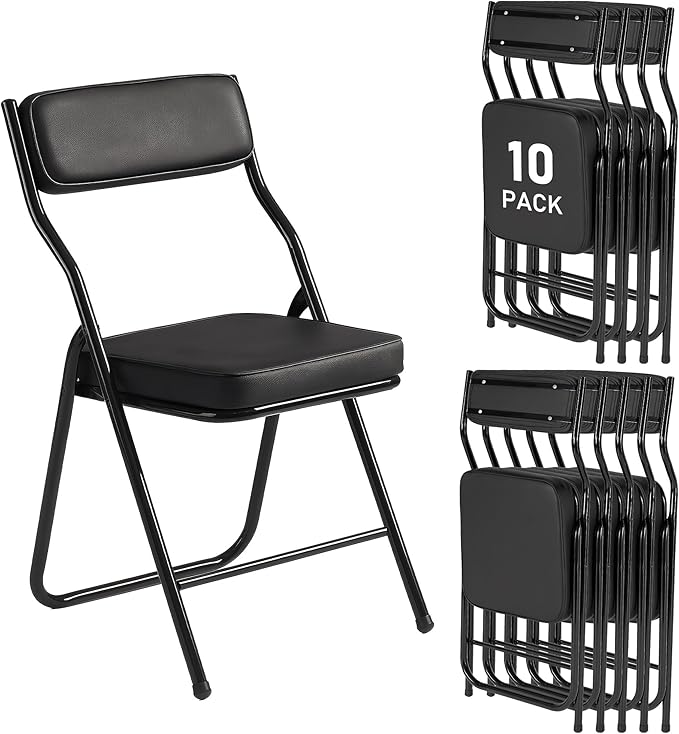 10 Pack Padded Folding Chairs with Cushion, Foldable Dining Chair Set Portable Indoor Outdoor Stackable Folding Chairs with Steel Frame for Home Office Events Wedding Party Black