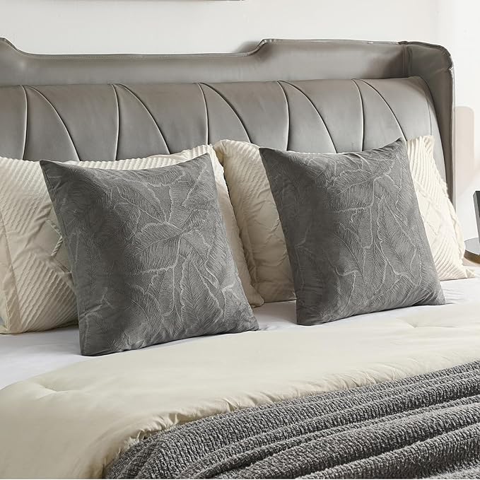 FUTEI Dark Grey Velvet Throw Pillow Covers 18x18 Inch Set of 2,Soft Embossed Leaf-Relief Textured Cushion Cases,Natural Home Decor for Couch Living Room