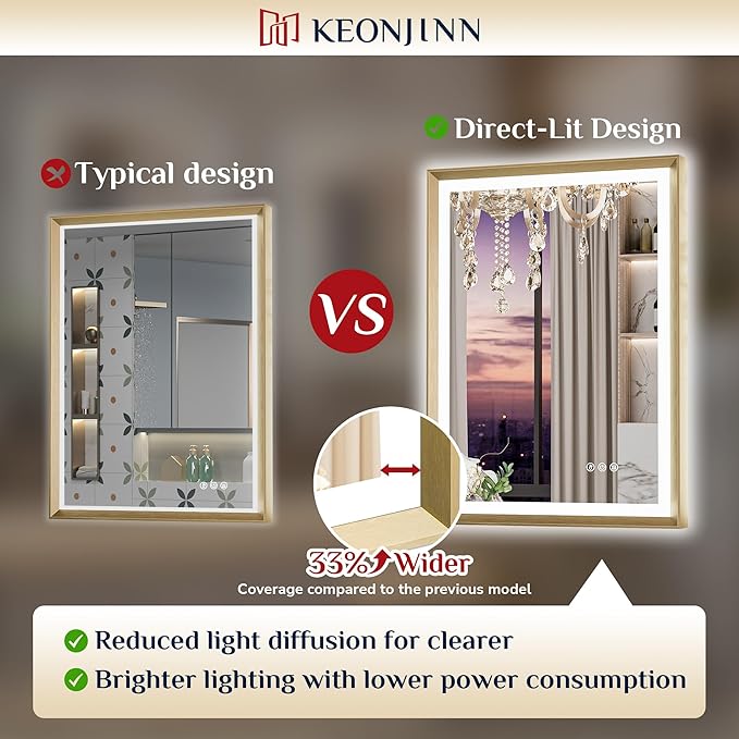 Keonjinn 55” x 36” LED Bathroom Mirror with Frontlit & Backlit, Gold Metal Framed Lighted Mirror with Stepless Dimmable 3-Color Temperatures, Anti Fog, UL-Listed Driver, No Dark Corner